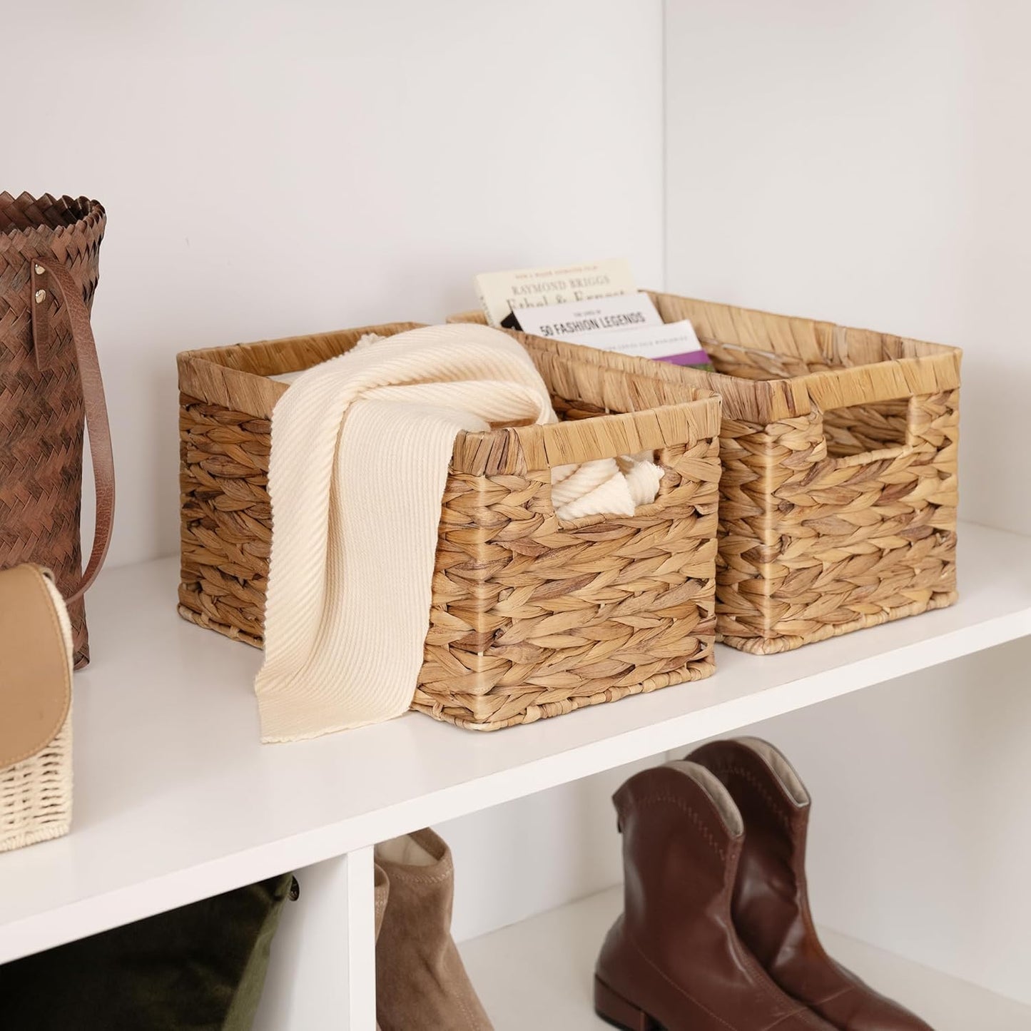 Large Wicker Storage Baskets with Handles.Natural Water Hyacinth Organiser for Shelves, Pantry & Bathroom