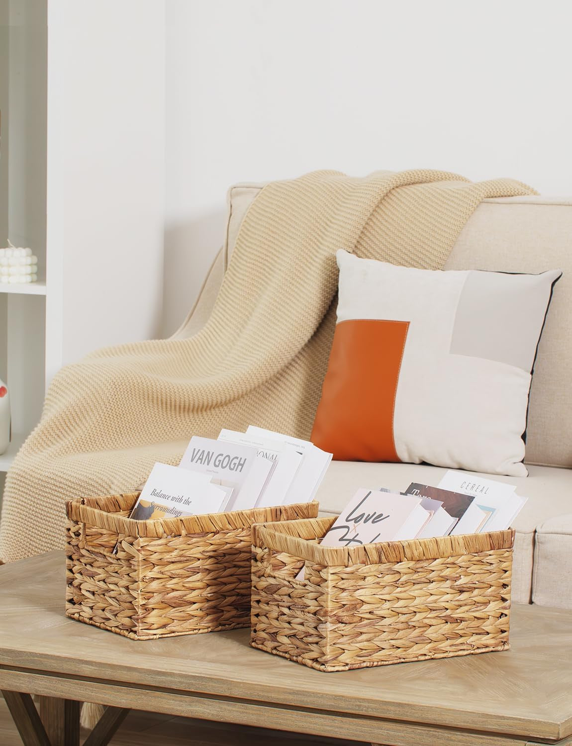 Large Wicker Storage Baskets with Handles.Natural Water Hyacinth Organiser for Shelves, Pantry & Bathroom