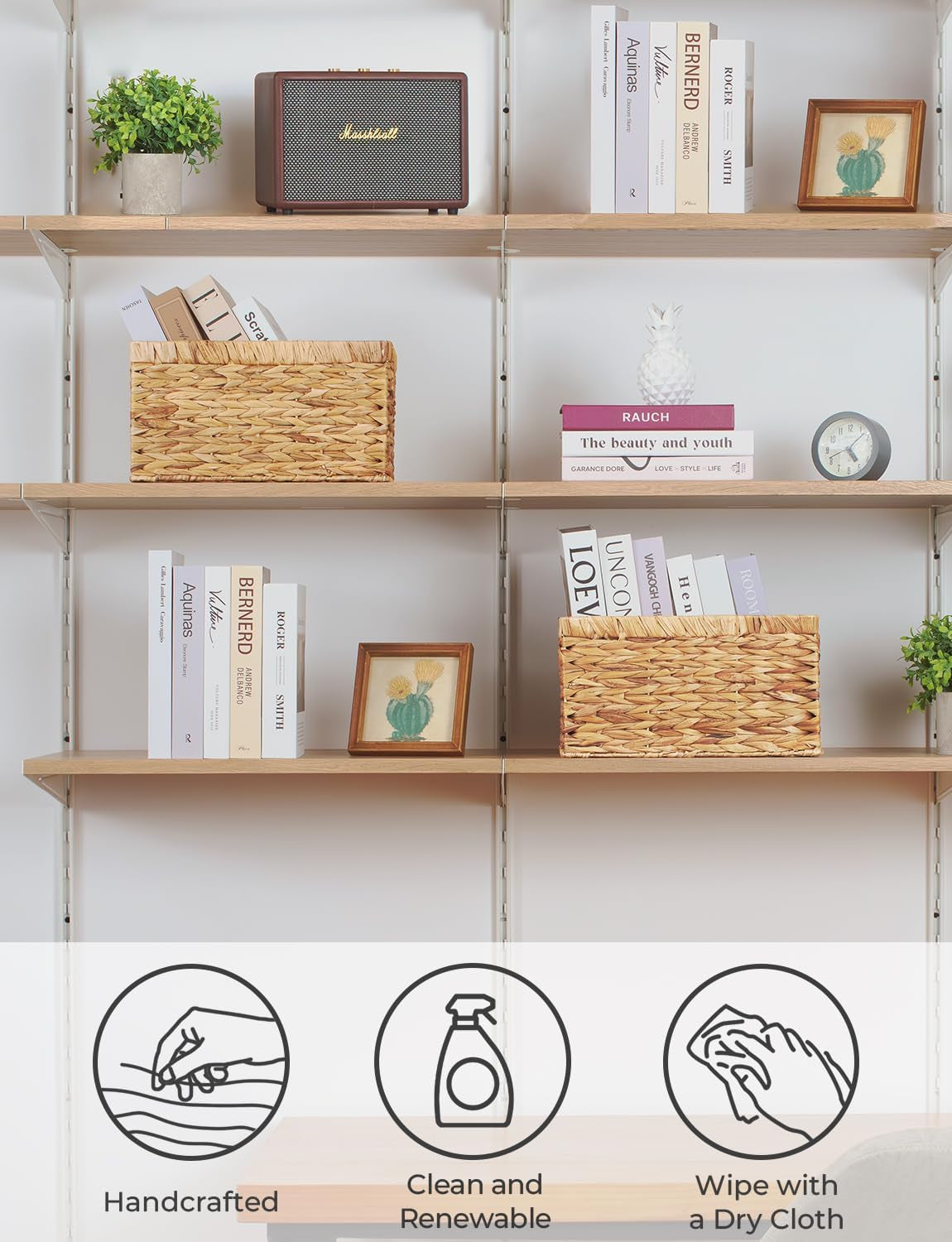 Large Wicker Storage Baskets with Handles.Natural Water Hyacinth Organiser for Shelves, Pantry & Bathroom
