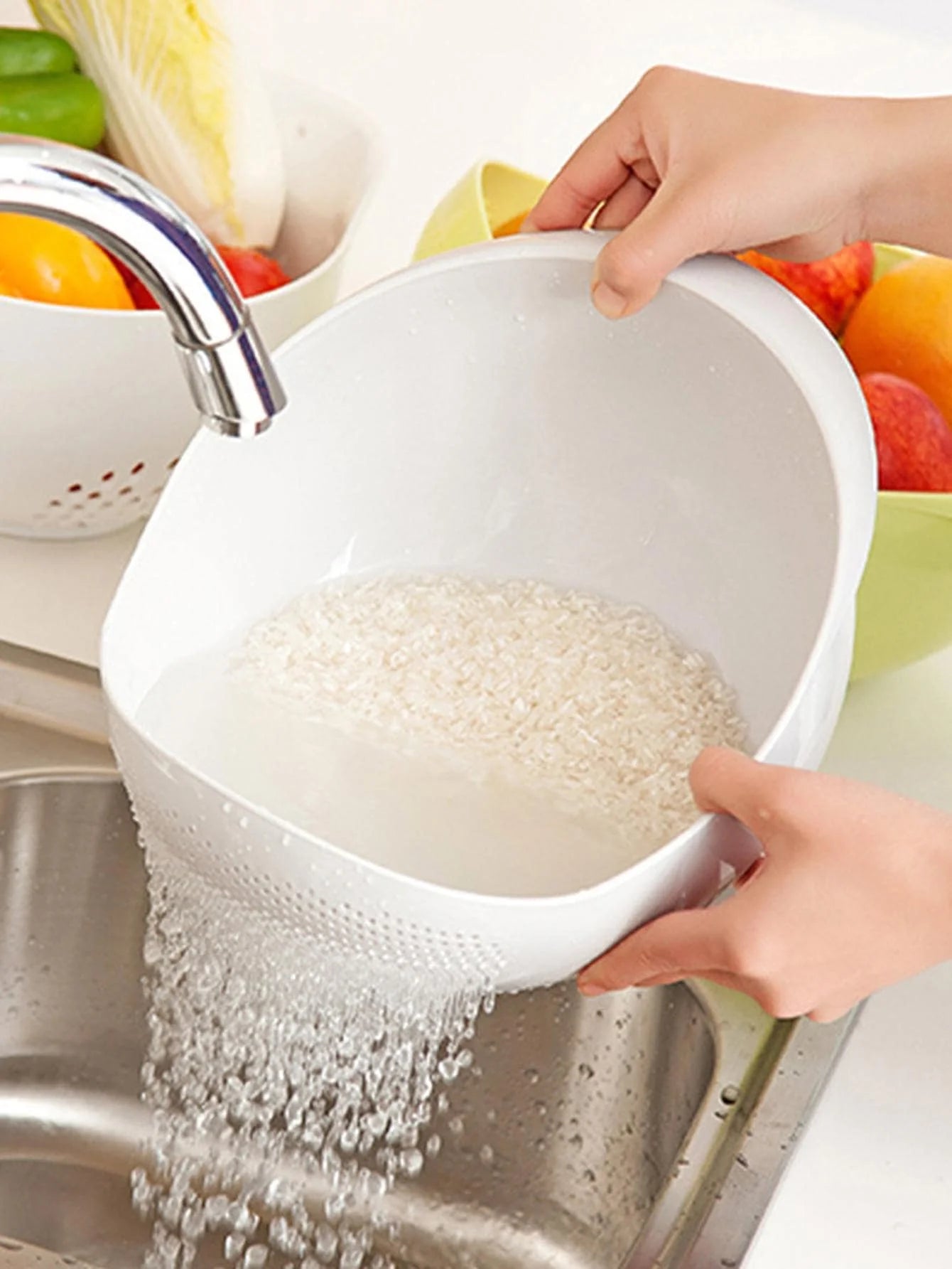 Colander Rice & Fruit Drain Basket with Handle, Kitchen Washing Bowl Organiser