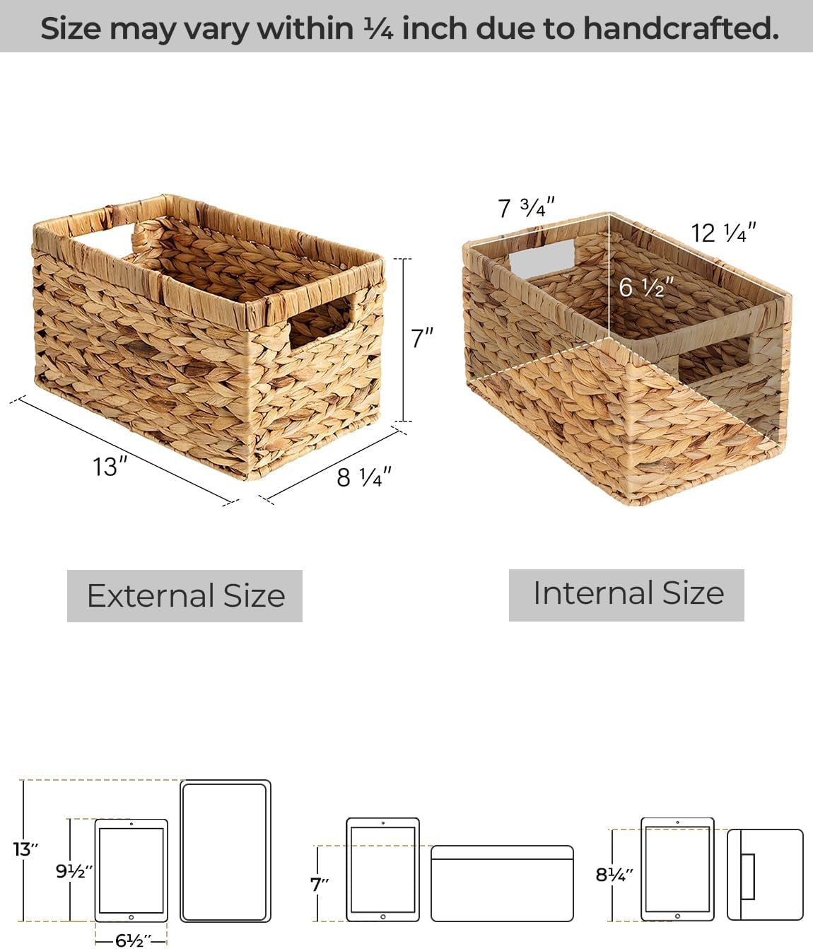 Large Wicker Storage Baskets with Handles.Natural Water Hyacinth Organiser for Shelves, Pantry & Bathroom