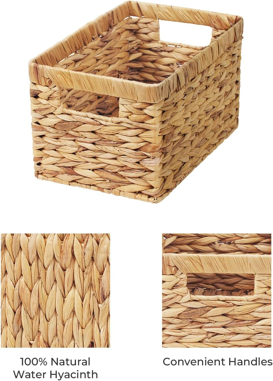 Large Wicker Storage Baskets with Handles.Natural Water Hyacinth Organiser for Shelves, Pantry & Bathroom