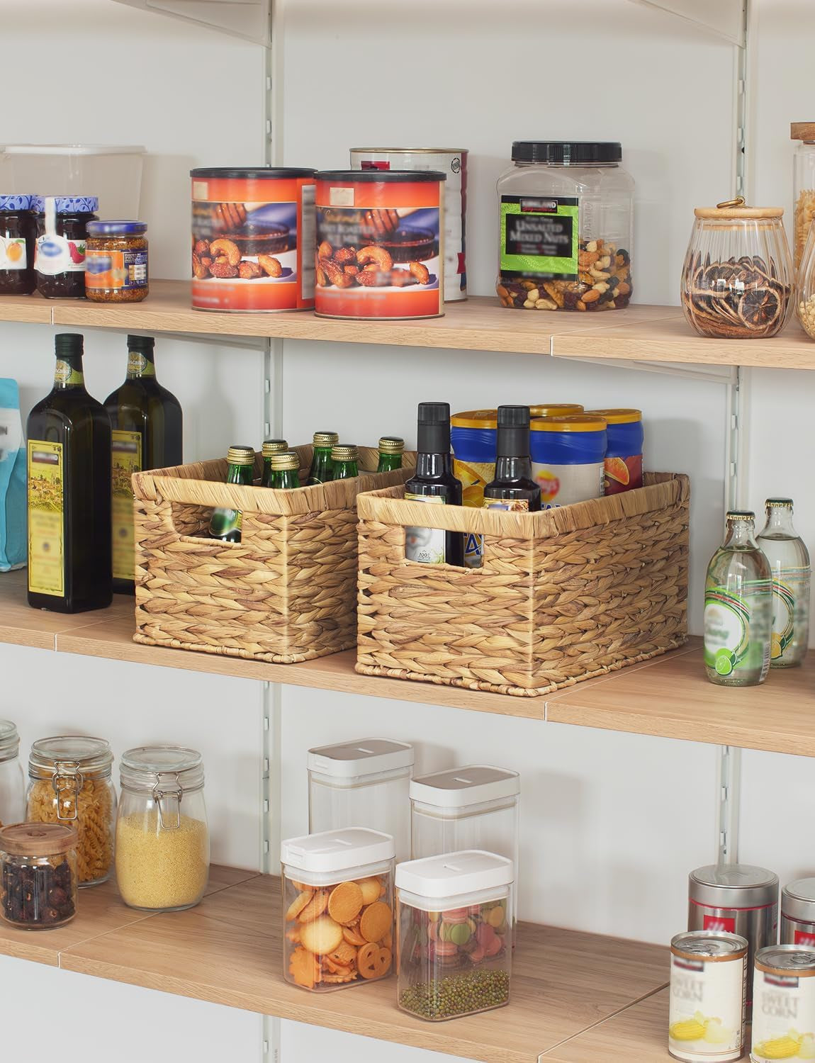 Large Wicker Storage Baskets with Handles.Natural Water Hyacinth Organiser for Shelves, Pantry & Bathroom