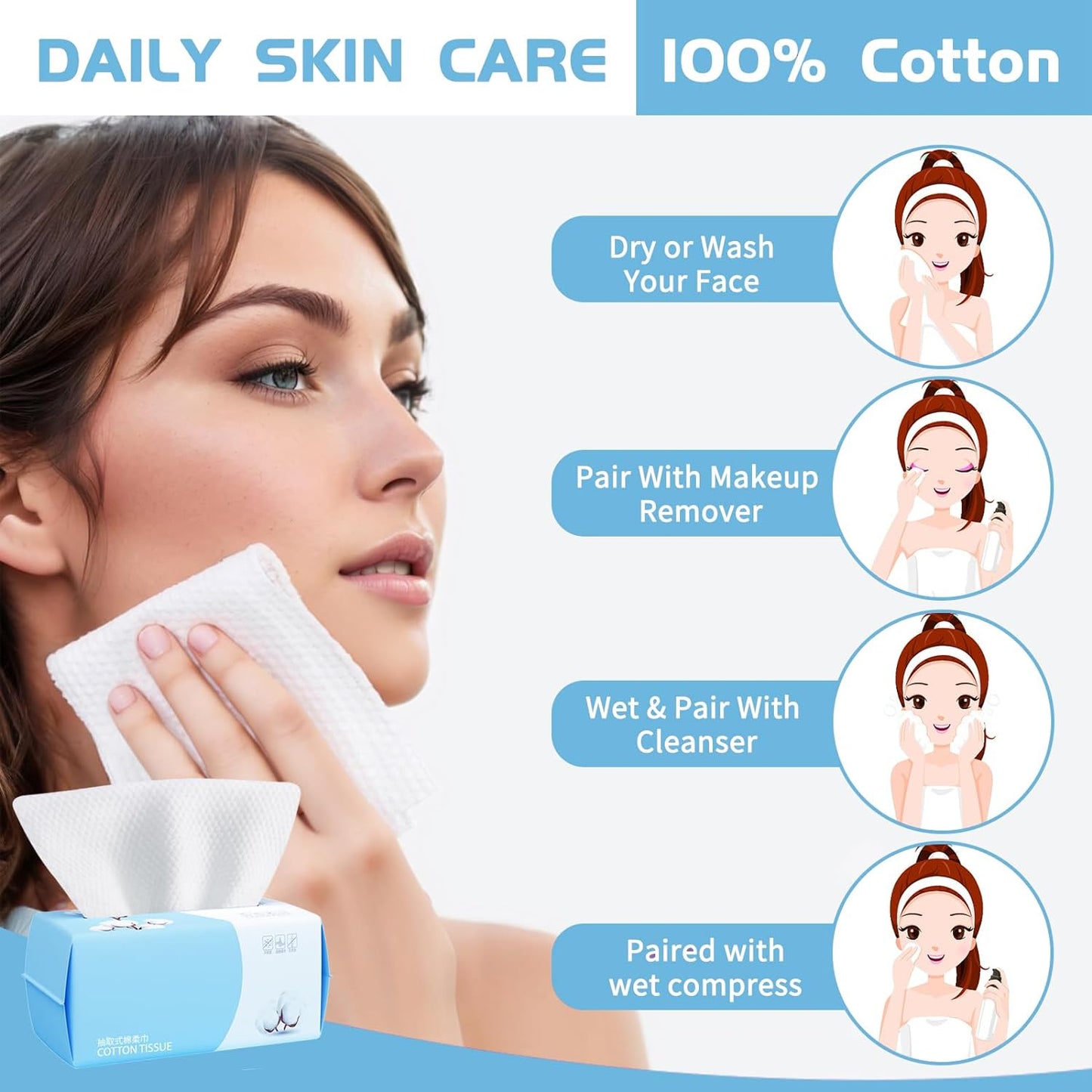 Cotton Facial Dry Wipes 100 Count Tissue,Multi-Purpose for Skin Care, Make-Up Wipes, Face Wipes and Facial Cleansing
