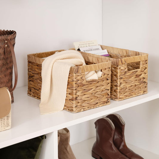 Large Wicker Storage Baskets with Handles.Natural Water Hyacinth Organiser for Shelves, Pantry & Bathroom