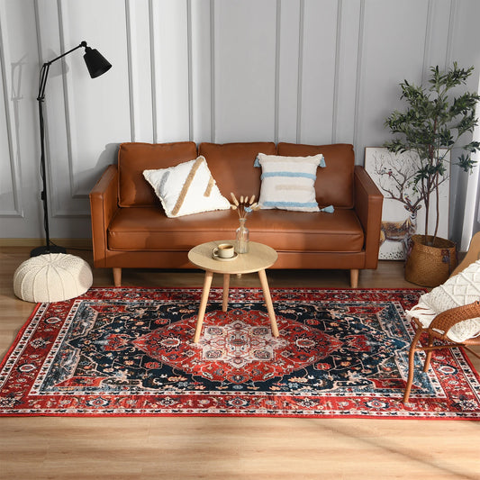Retro-style ethnic Turkish Persian rug. vintage floor mat for living room, bedroom, bedside or entryway.