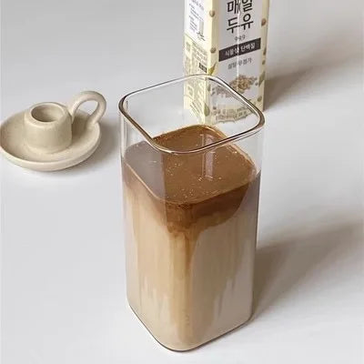 Square Heat-Resistant Glass Coffee Cup with Lid and Straw - Transparent Drinkware for Milk Tea and Juice
